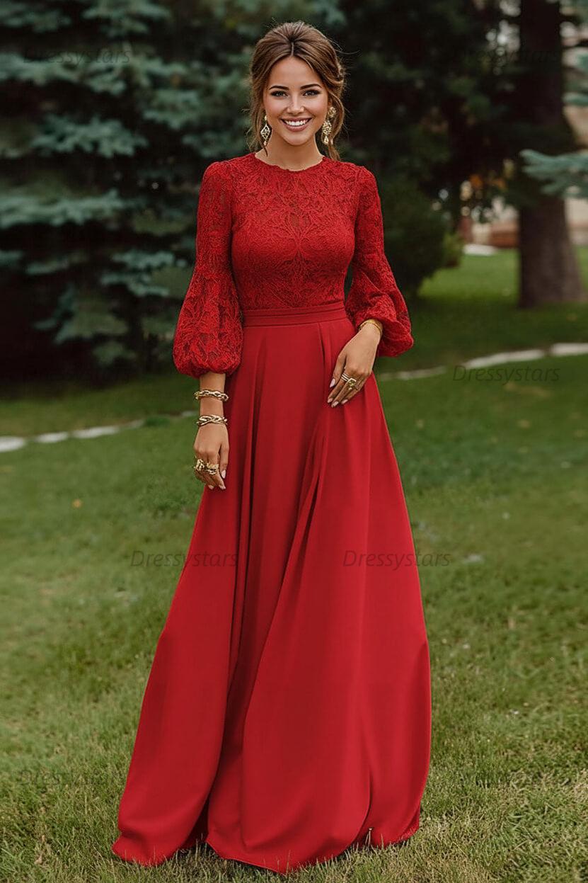 Lace Dusty Rose Puff Sleeves A Line Floor Length Mother Of The Bride Dress