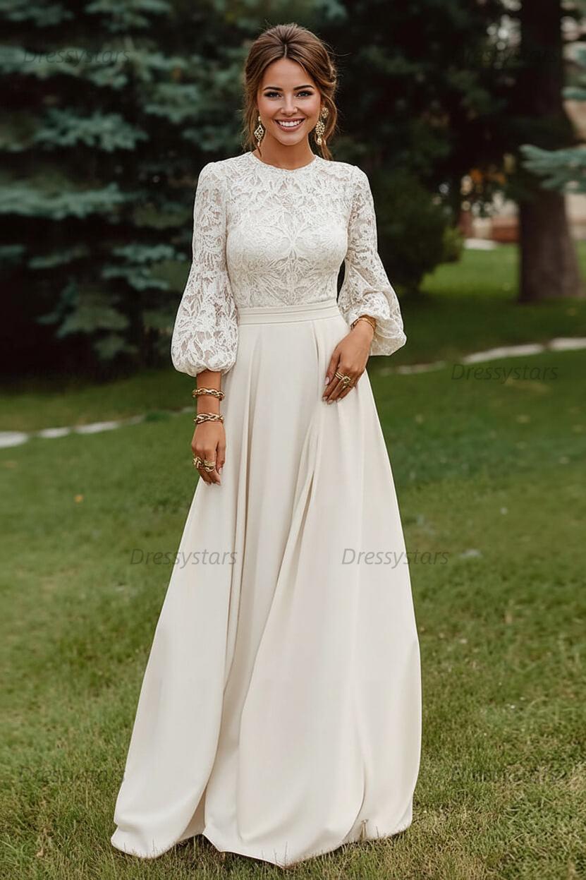 Lace Dusty Rose Puff Sleeves A Line Floor Length Mother Of The Bride Dress