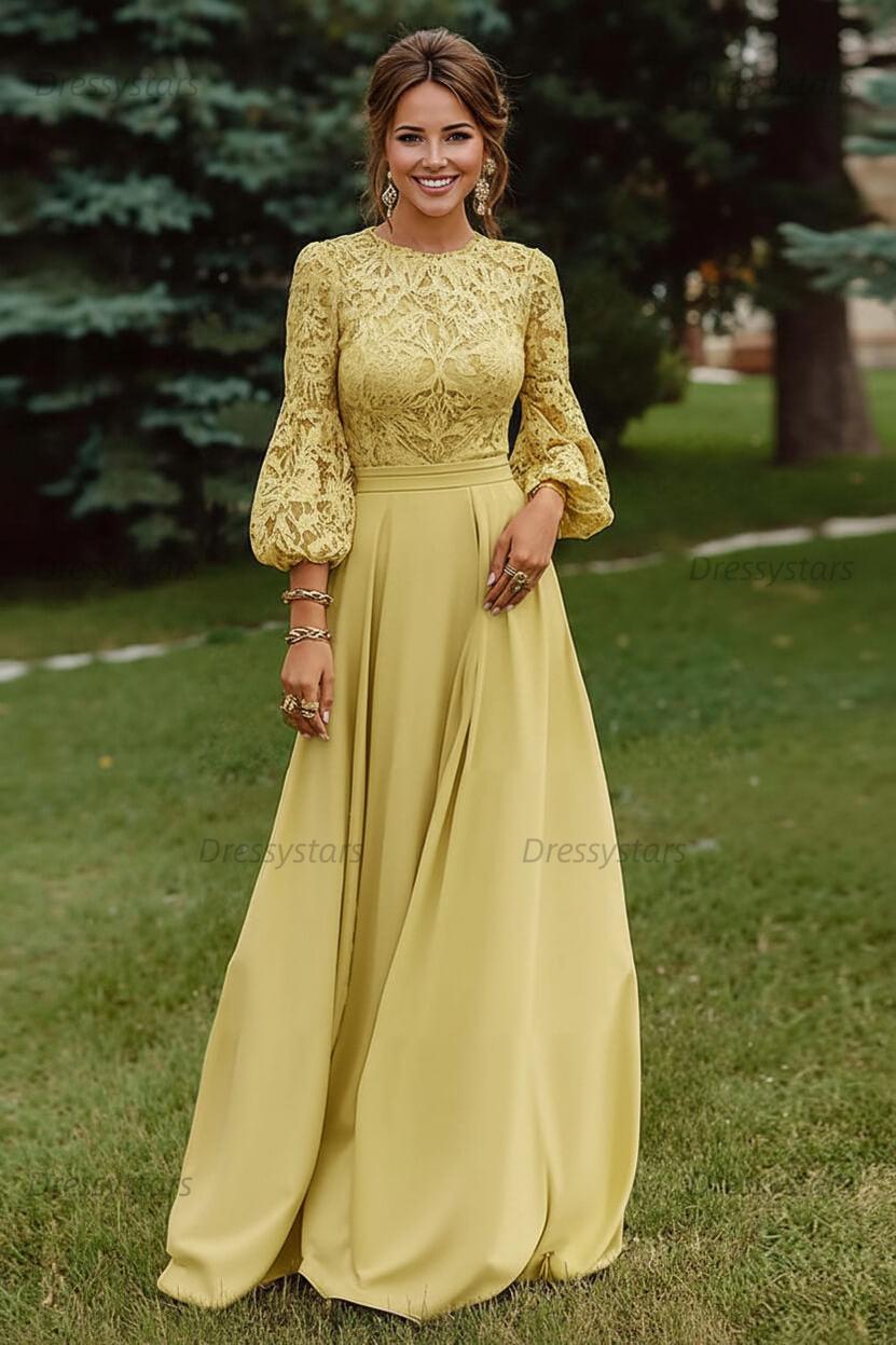 Lace Dusty Rose Puff Sleeves A Line Floor Length Mother Of The Bride Dress