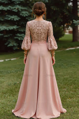 Lace Dusty Rose Puff Sleeves A Line Floor Length Mother Of The Bride Dress