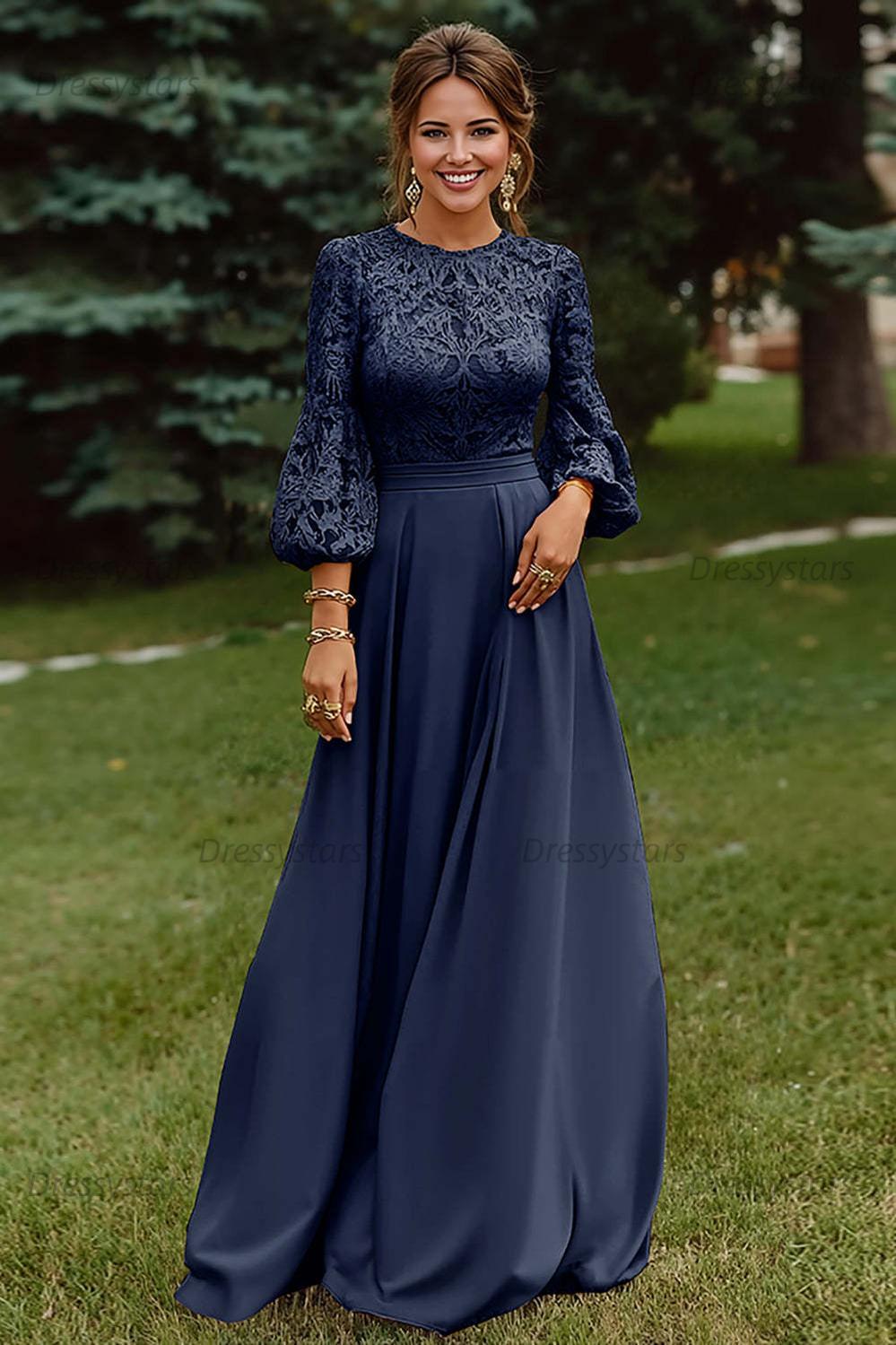 Lace Dusty Rose Puff Sleeves A Line Floor Length Mother Of The Bride Dress