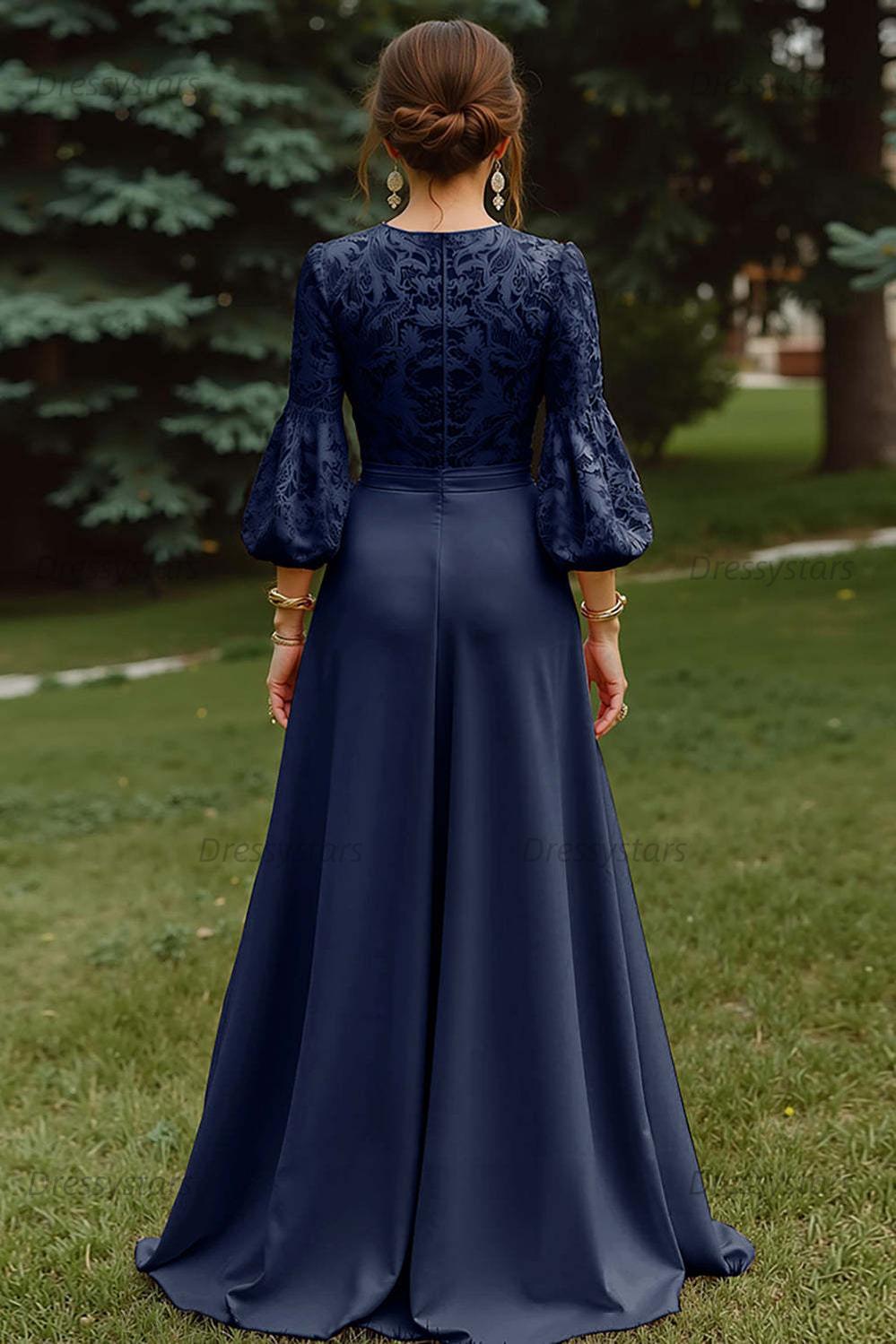 Lace Dusty Rose Puff Sleeves A Line Floor Length Mother Of The Bride Dress