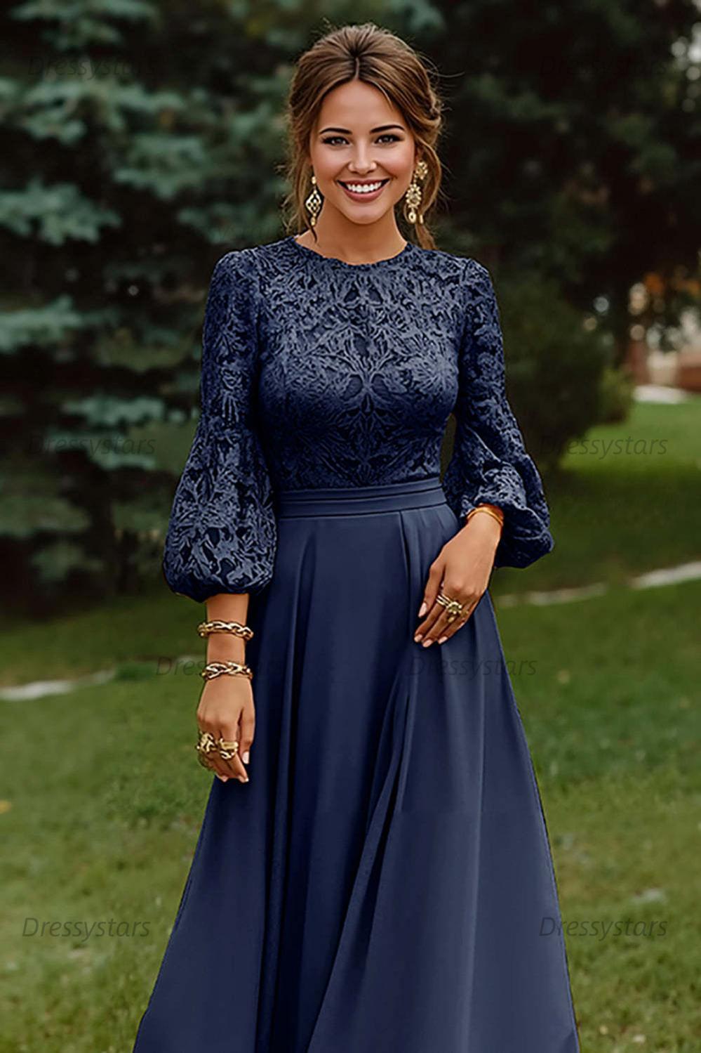 Lace Dusty Rose Puff Sleeves A Line Floor Length Mother Of The Bride Dress