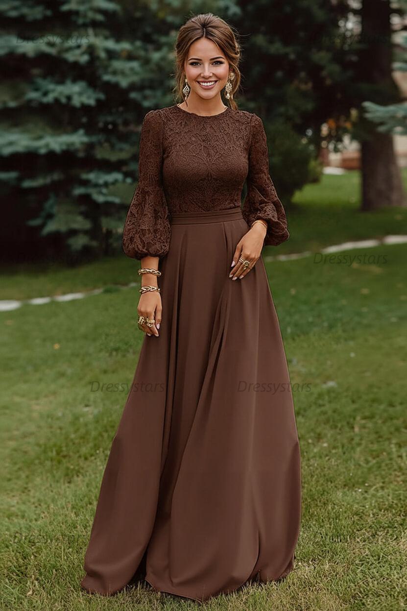 Lace Dusty Rose Puff Sleeves A Line Floor Length Mother Of The Bride Dress