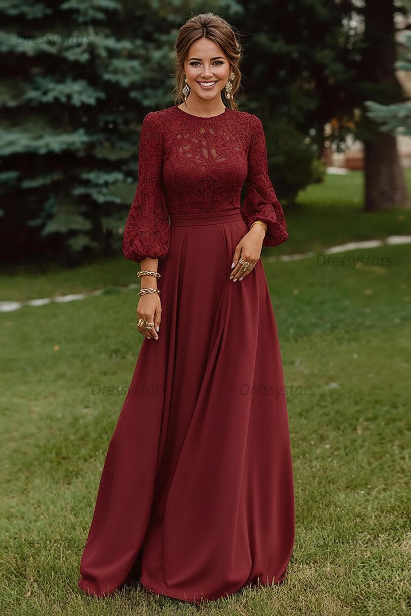 Lace Dusty Rose Puff Sleeves A Line Floor Length Mother Of The Bride Dress