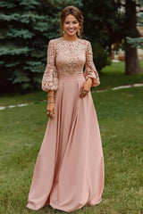 Lace Dusty Rose Puff Sleeves A Line Floor Length Mother Of The Bride Dress