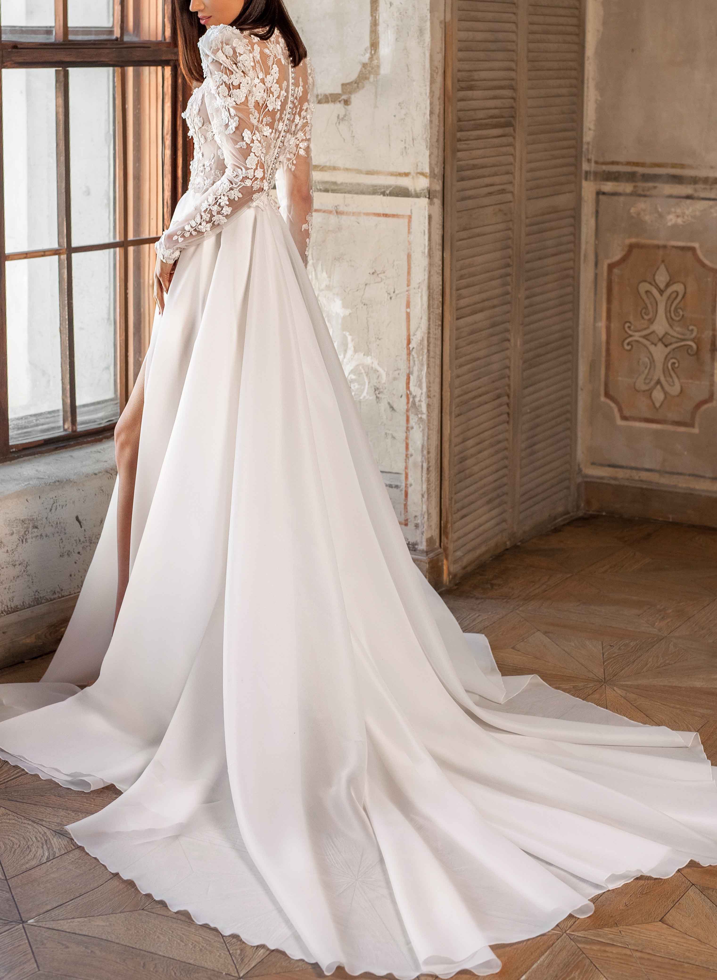 Lace Long Sleeves High Neck Wedding Dress Organza
