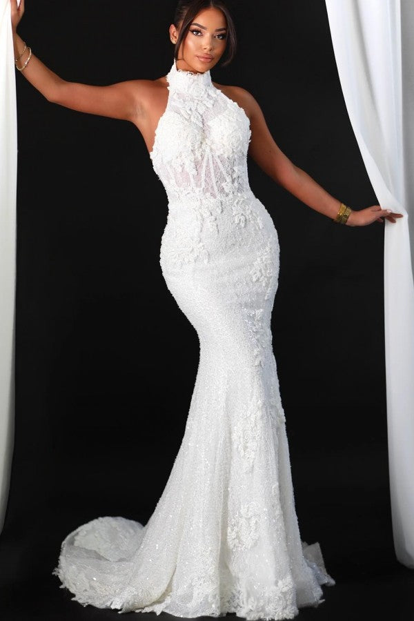 Lace Mermaid Wedding Dress with High Halter Neck and Open Back