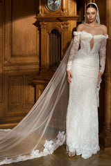 Lace Mermaid Wedding Dress with Off Shoulder Long Sleeves and 3D Flowers