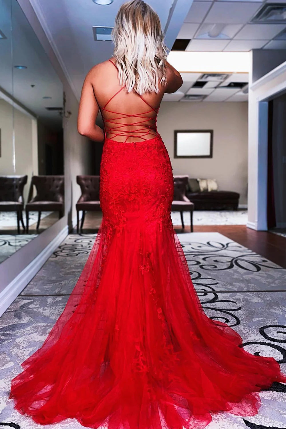 Lace Prom Dress Mermaid Backless Evening Dress