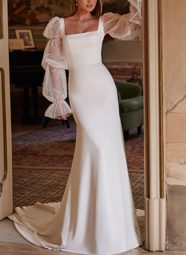 Lace Trumpet/Mermaid Square Neckline Elastic Satin Wedding Dress