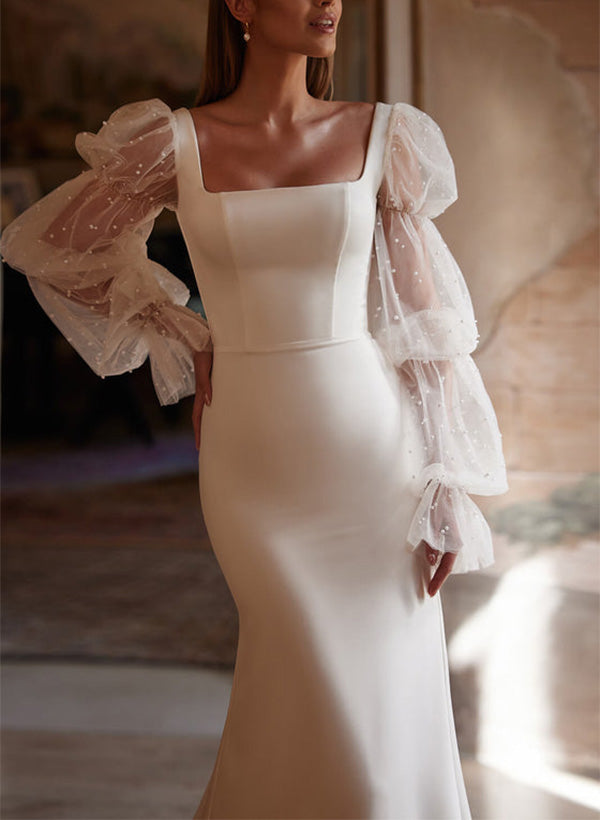 Lace Trumpet/Mermaid Square Neckline Elastic Satin Wedding Dress