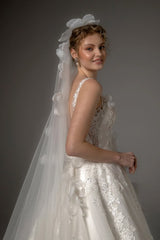 Lace Tulle A-Line Wedding Dress with V-Neck and 3D Flowers