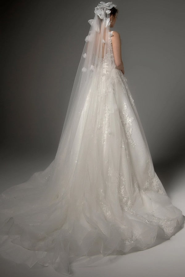 Lace Tulle A-Line Wedding Dress with V-Neck and 3D Flowers