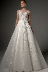 Lace Tulle A-Line Wedding Dress with V-Neck and 3D Flowers