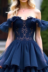 Lace Tulle Navy Wedding Guest Dress A Line Tea-Length Formal Dress With Ruffles