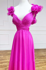 Lace Up Fuchsia Prom Dress V Neck Ruffle Pleated Long Evening Dress