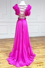 Lace Up Fuchsia Prom Dress V Neck Ruffle Pleated Long Evening Dress