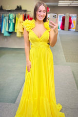 Lace Up Fuchsia Prom Dress V Neck Ruffle Pleated Long Evening Dress