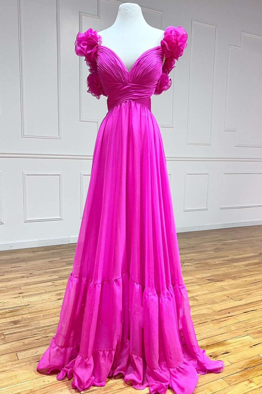 Lace Up Fuchsia Prom Dress V Neck Ruffle Pleated Long Evening Dress