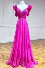 Lace Up Fuchsia Prom Dress V Neck Ruffle Pleated Long Evening Dress
