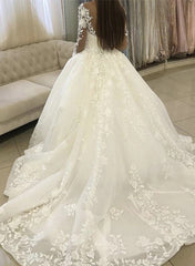 Lace Wedding Dress: Ball Gown Style with V neck Long Sleeves Court Train and Appliques