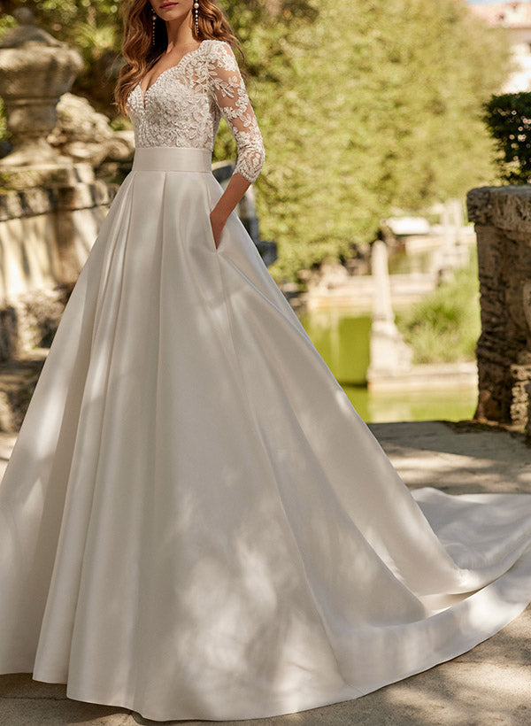 Lace Wedding Dress with A Line V Neck 3/4 Sleeves and Court Train