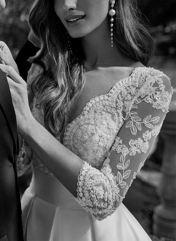 Lace Wedding Dress with A Line V Neck 3/4 Sleeves and Court Train