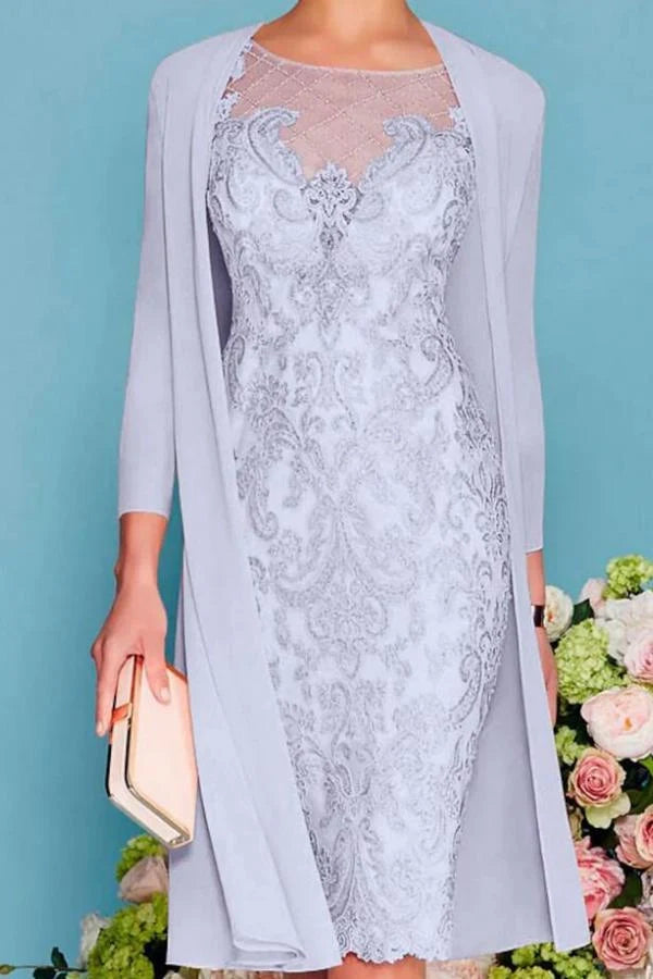 Lace and Chiffon Mother of the Bride Dress 3/4 Sleeve Wedding Guest Dress