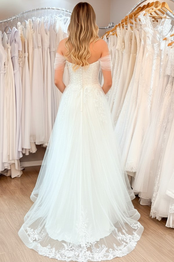Lace and Tulle A Line Wedding Dress with Pockets and Off Shoulder Drape