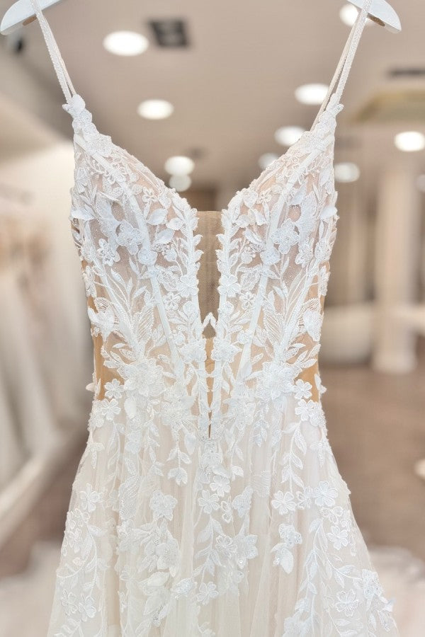 Lace and Tulle A Line Wedding Dress with Sheer Corset and Long Train