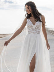 Lace and Tulle A Line Wedding Dress with V Neck and Side Slit