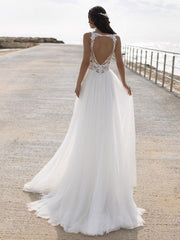 Lace and Tulle A Line Wedding Dress with V Neck and Side Slit