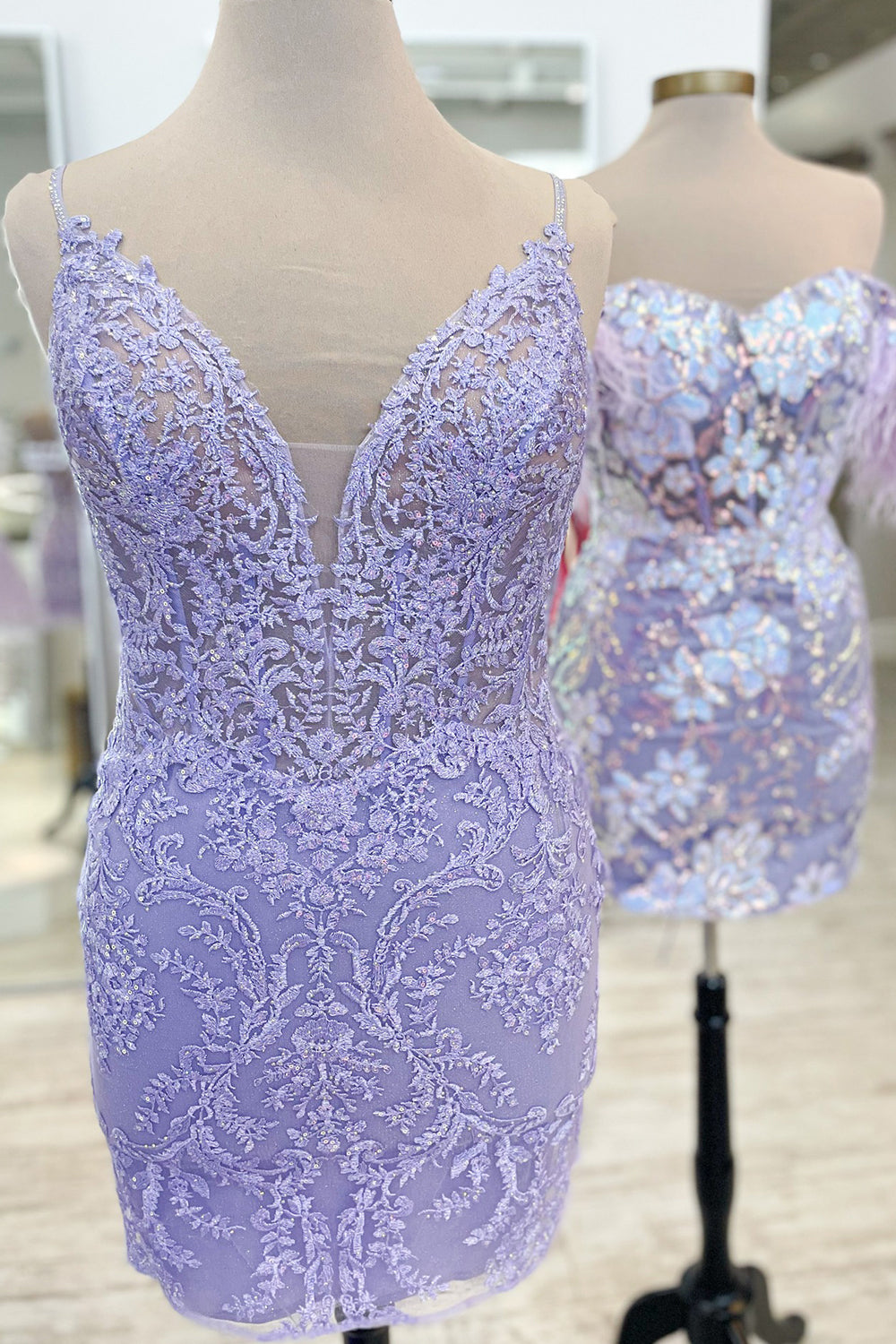 Lavender Homecoming Dresses Lace Spaghetti Straps Tight Short Cocktail Dresses with Fringes