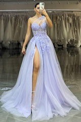 Lavender One-Shoulder Floral Appliques Tulle Prom Gown With High Slit Formal Evening Gown