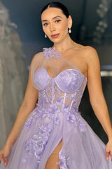 Lavender One-Shoulder Floral Appliques Tulle Prom Gown With High Slit Formal Evening Gown