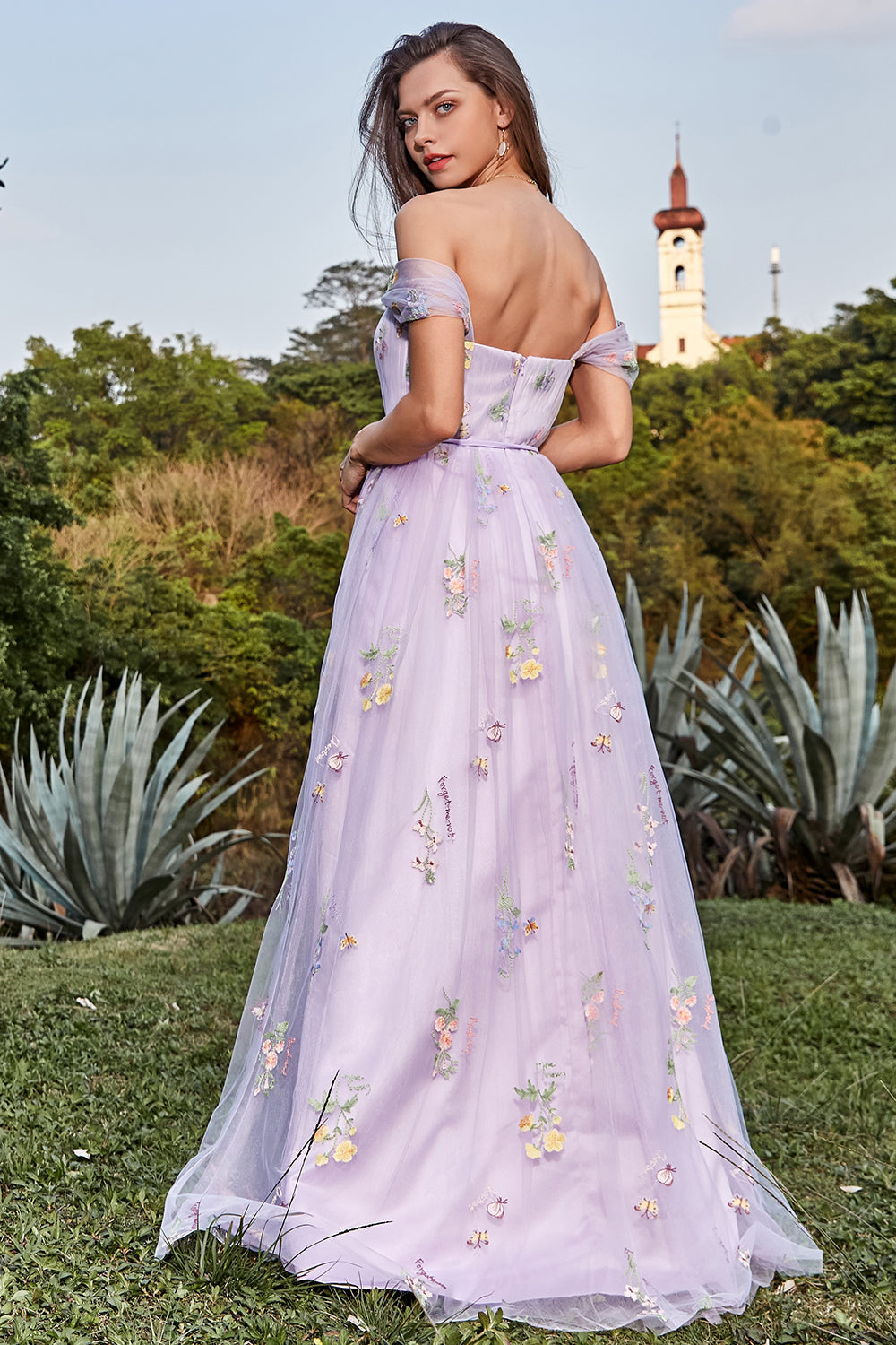 Lavender Prom Dress A Line Tulle Off the Shoulder Embroidery Evening Dress