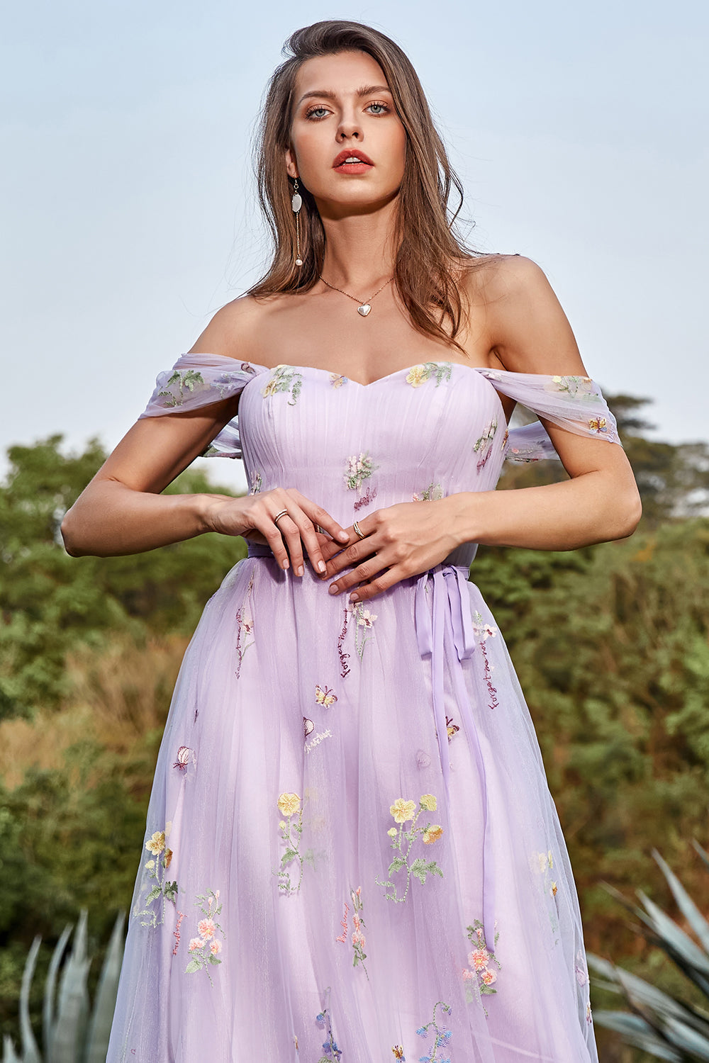 Lavender Prom Dress A Line Tulle Off the Shoulder Embroidery Evening Dress