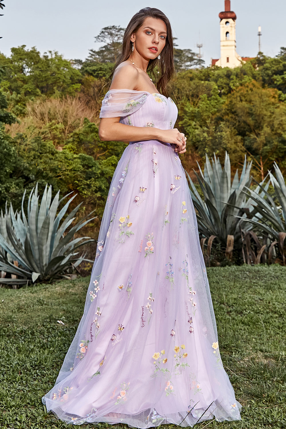 Lavender Prom Dress A Line Tulle Off the Shoulder Embroidery Evening Dress