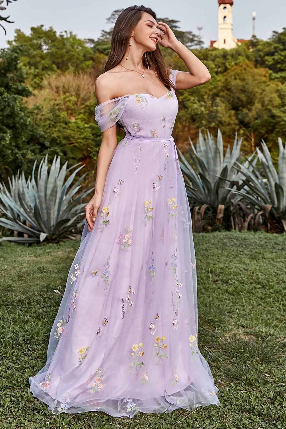 Lavender Prom Dress A Line Tulle Off the Shoulder Embroidery Evening Dress