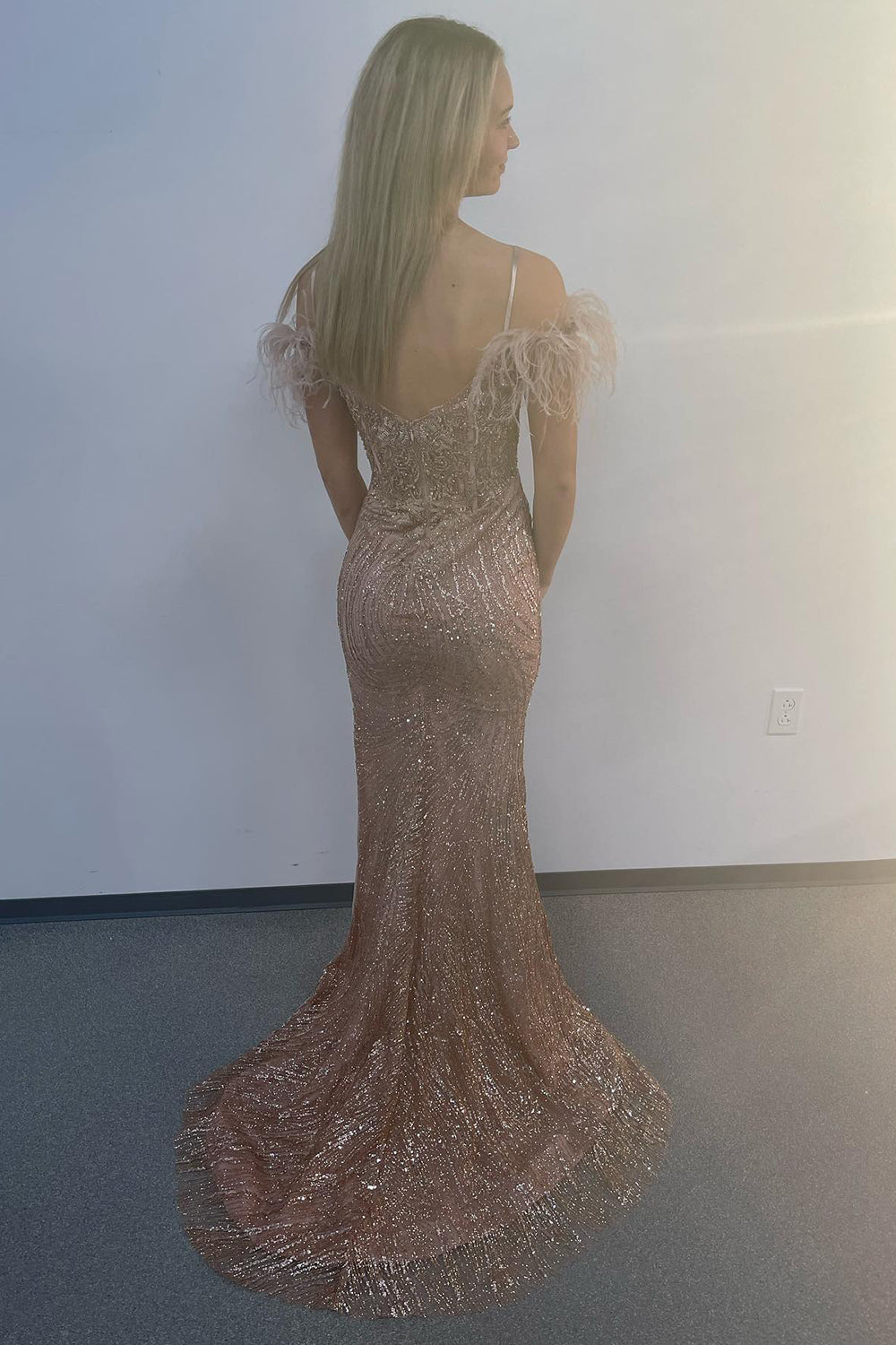 Lavender Prom Dress Appliques Mermaid Evening Dress with Feathers