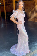 Lavender Prom Dress Appliques Mermaid Evening Dress with Feathers
