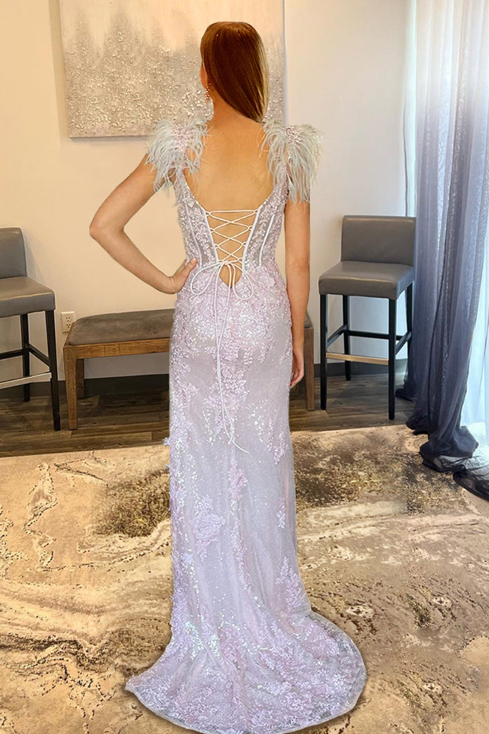 Lavender Prom Dress Appliques Mermaid Evening Dress with Feathers