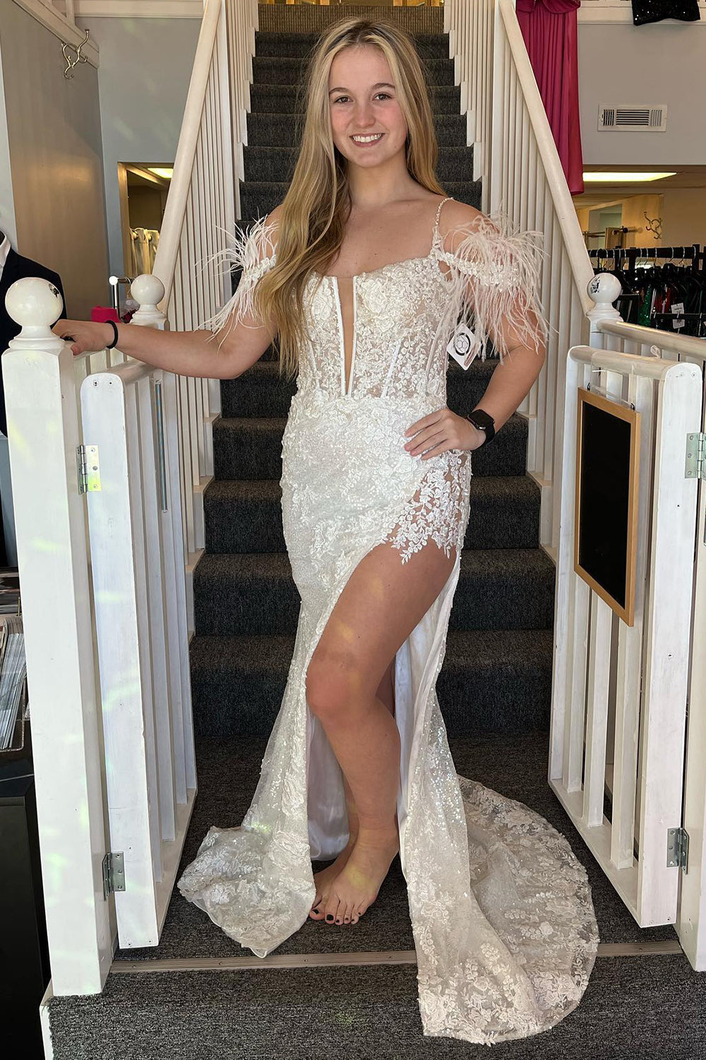 Lavender Prom Dress Appliques Mermaid Evening Dress with Feathers