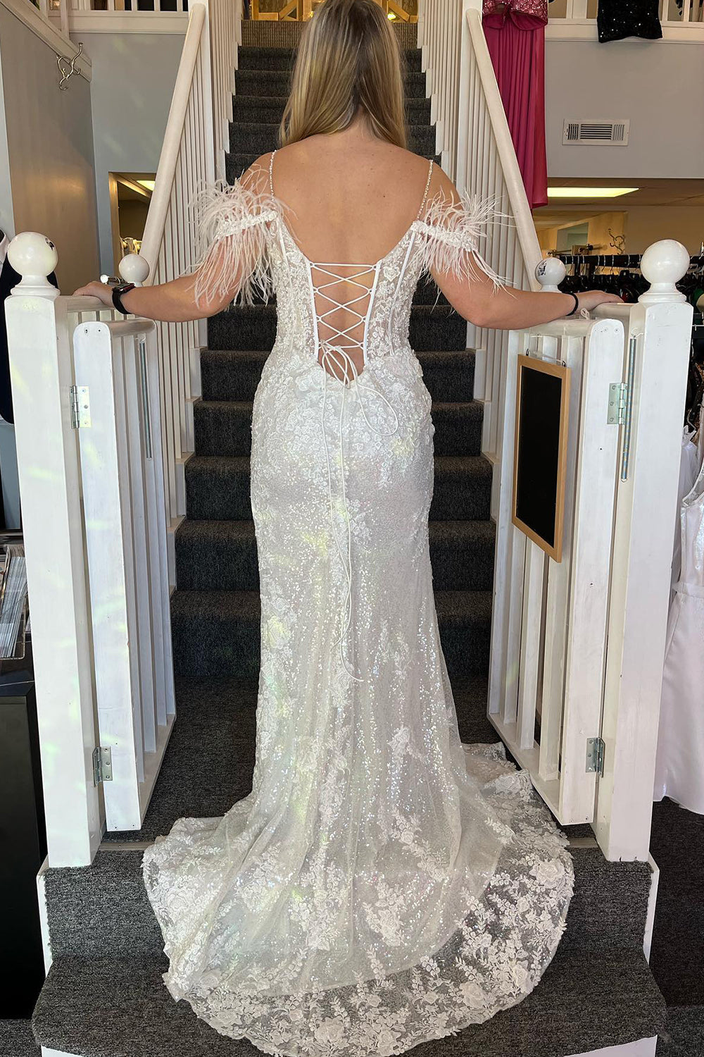 Lavender Prom Dress Appliques Mermaid Evening Dress with Feathers