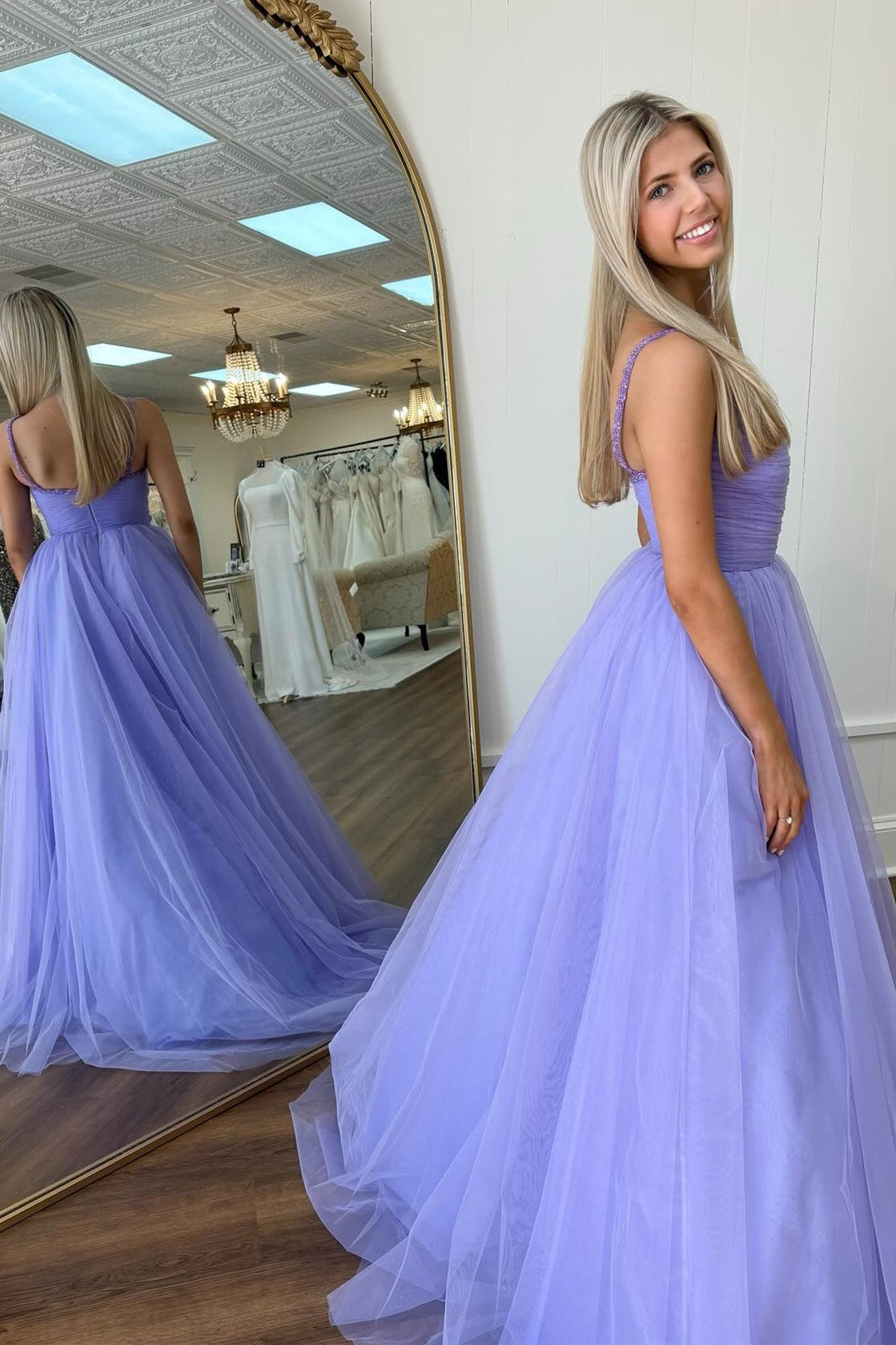Lavender Prom Dress Beaded Surplice Tulle Evening Dress