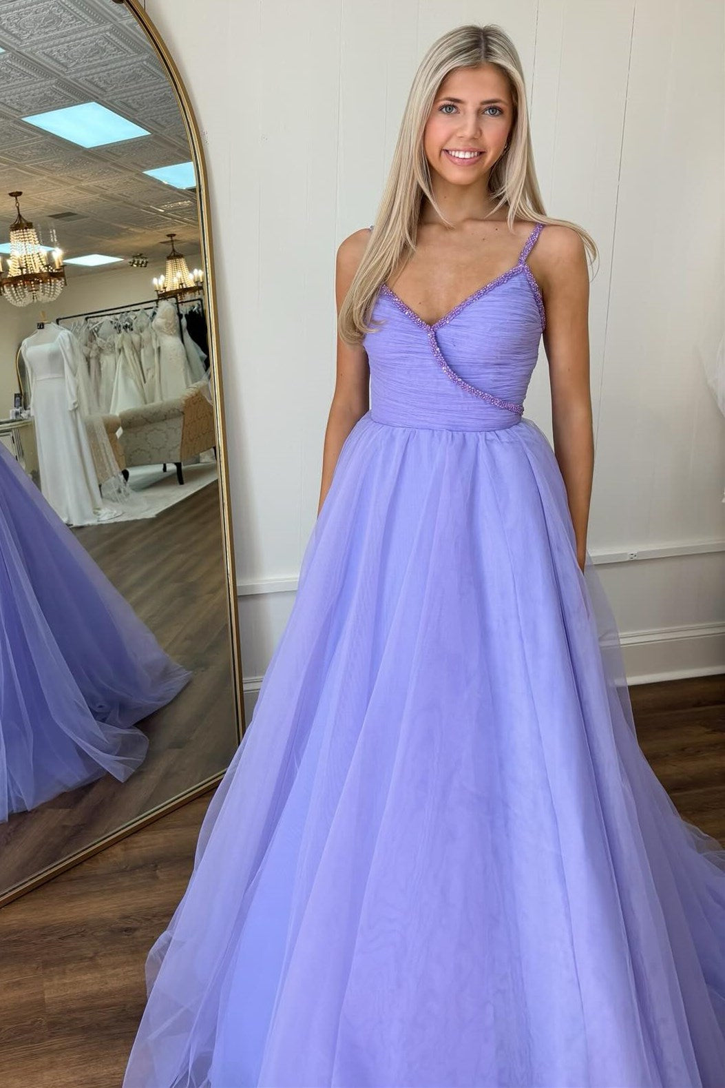 Lavender Prom Dress Beaded Surplice Tulle Evening Dress
