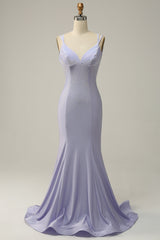 Lavender Prom Dress Rhinestone Spaghetti Straps Mermaid Evening Dress