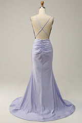 Lavender Prom Dress Rhinestone Spaghetti Straps Mermaid Evening Dress