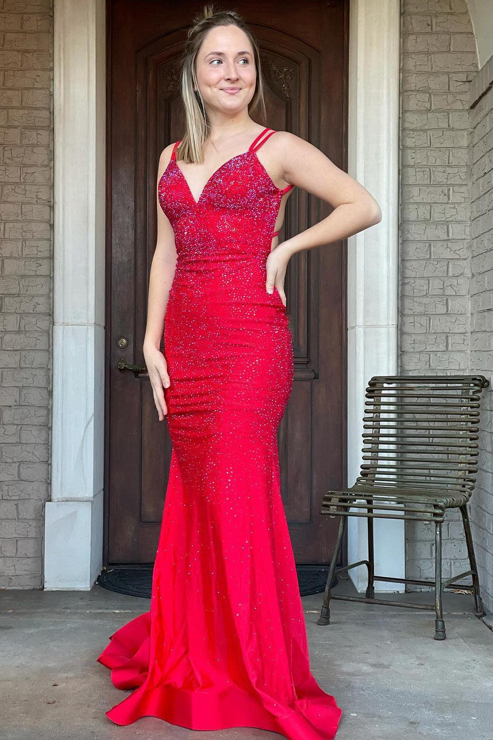 Lavender Prom Dress Rhinestone Spaghetti Straps Mermaid Evening Dress